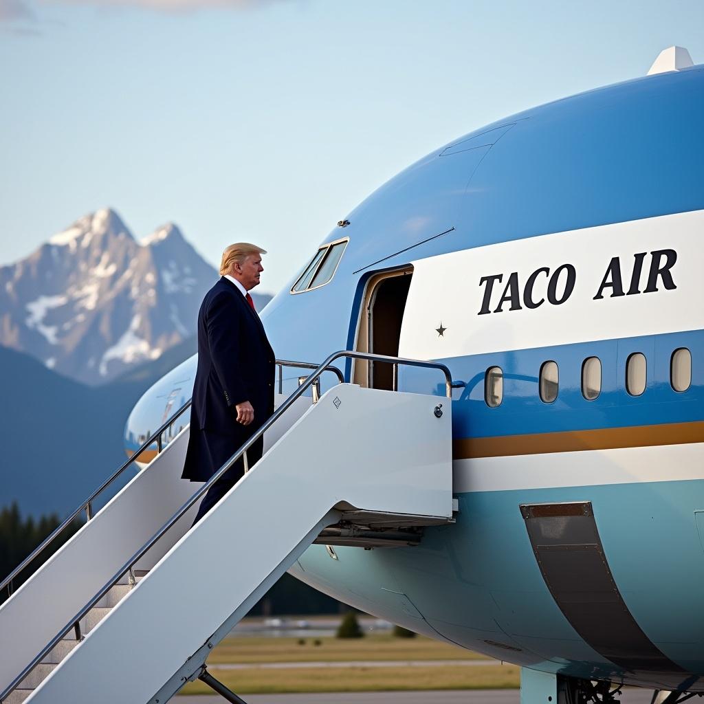 A landscape photographic image shows Donald Trump walking up the stairs of Airforce One. The airplane is painted in blue with the phrase 'Taco Air' on its side. Rocky Mountains in Alberta Canada are visible in the background following the G7 meeting.