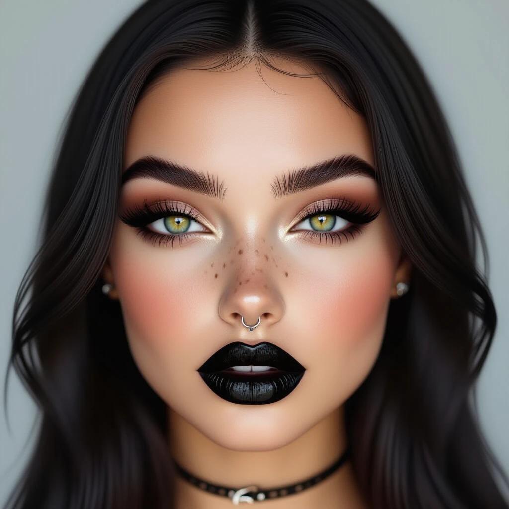 Realistic full-face portrait. Young gothic woman. Soft rounded face. Glossy black lipstick on plump lips. Black eyes with long lashes. Bold eyeliner and smoky eyeshadow. Brown freckles on nose and cheeks. Silver septum ring. Long dark hair. Forehead visible. Centered portrait with soft lighting and neutral background. Highly detailed.