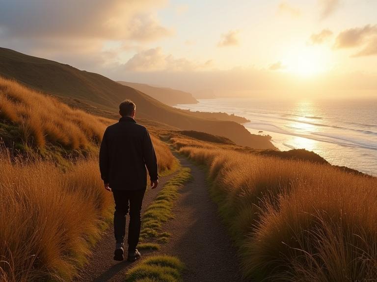 Scottish valley with tall grass during dawn. Ocean visible on horizon. Man walking along path towards ocean with back turned.