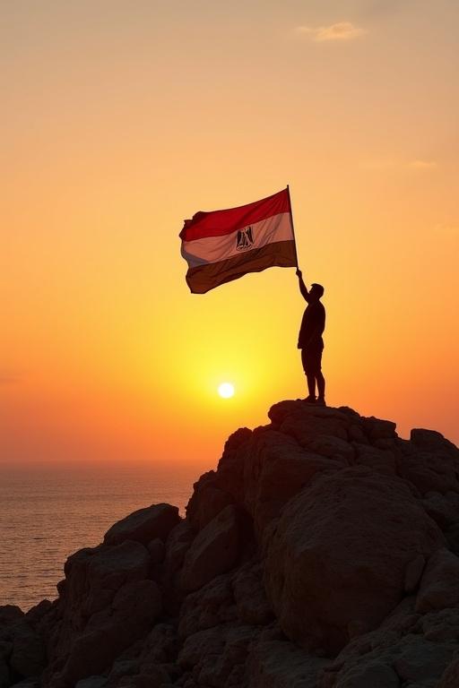 An Egyptian man stands on a rocky outcrop at sunset. He raises the Egyptian flag high above his head. The scene captures national pride and beauty in nature.
