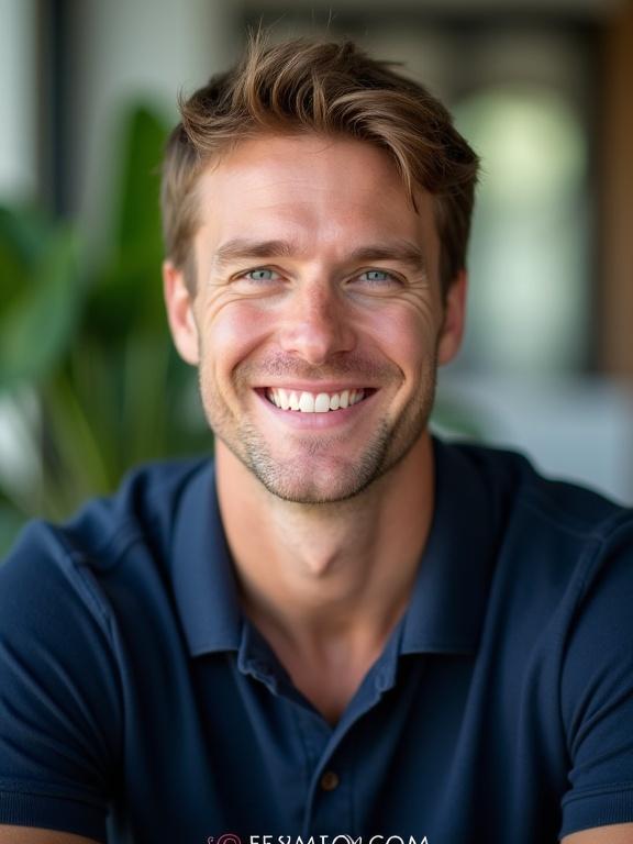 Portrait photograph featuring a Caucasian man with short brown hair. He smiles warmly. Dressed in a navy blue polo shirt. Light skin tone. Blurred background with green foliage. Soft natural lighting. Watermarked image.