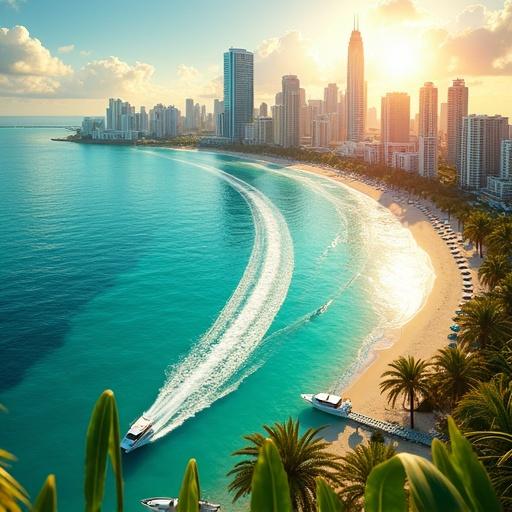 Ultra-realistic aerial shot of coastal city. Turquoise waterway winds through city. White speedboats and yachts leave trails. Sun glints off water with reflections. Skyscrapers and beachside buildings line coast. Palm trees sway along shoreline. Beach umbrellas and piers extend into water. Tropical leaves frame scene. Bright sky with soft clouds.
