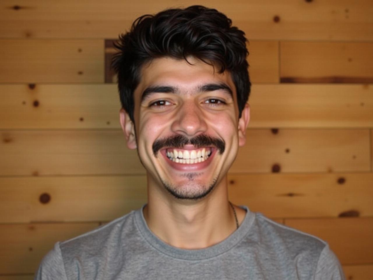 A young man with dark hair and a small mustache smiles broadly. He has a cheerful expression, showing his teeth. The background consists of wooden panels, giving a warm and natural feel to the image. He is wearing a simple gray t-shirt, which complements his casual appearance. The lighting highlights his features, creating a relaxed and inviting atmosphere.