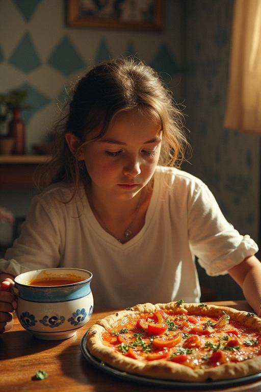 A young girl sitting at a table with a pizza and a cup of soup. She appears contemplative and focused on the pizza. The room is warmly lit, creating a cozy atmosphere.