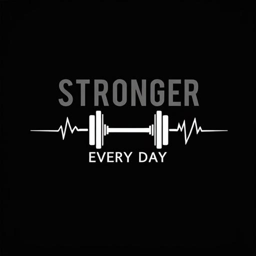 Motivational fitness t-shirt design featuring a minimalist dumbbell and heartbeat line in white. Text reads 'Stronger Every Day' in a bold, sans-serif font. Centered on a transparent background with clean, high-contrast style. High-resolution, vector-art optimized for black unisex t-shirt printing.