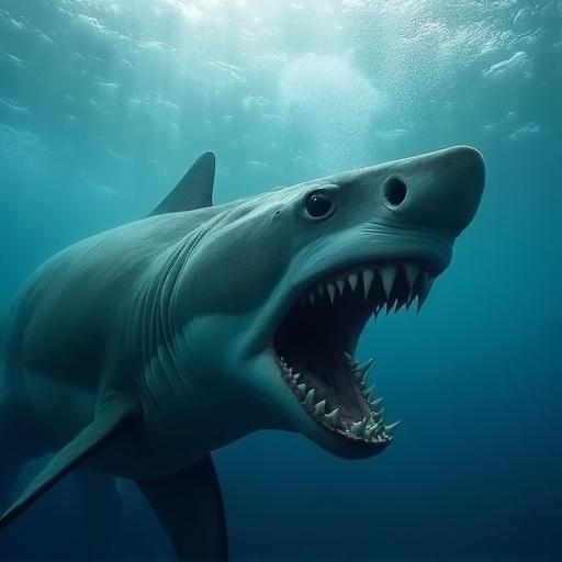 Shark attacking horse underwater. Shark shows sharp teeth. Horse appears distressed. Scene captures underwater dynamics. Background of water bubbles.