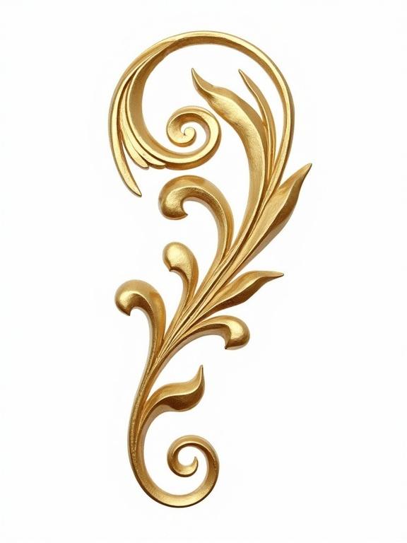 Compact golden 3D ornamental leaf swirl with mirrored curls. Inspired by acanthus and iris motifs. Clean silhouette. Limited to 225x300px. White background. Suitable for spine design.