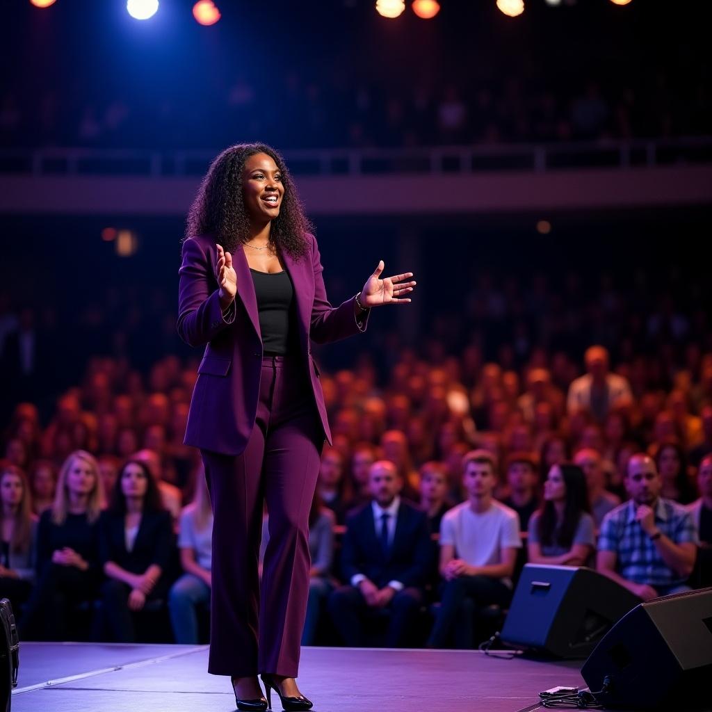 A 30-year-old black woman is speaking at a live event. She wears a deep purple suit with black pumps. Engaging with her audience passionately. Bright stage lights illuminate the scene. A large crowd fills the background, enhancing the atmosphere.