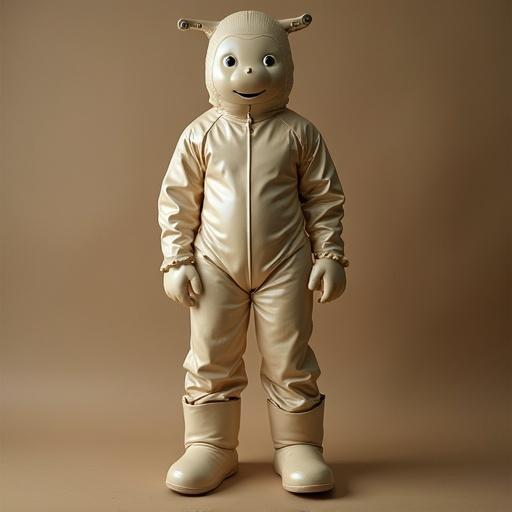 A character in a beige latex latte costume. Smooth surface and fitted design. Enhancements like rounded features. The scene is well-lit.