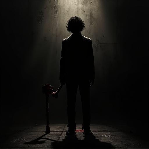 Digital poster in silhouette style for the movie Oldboy. Shadowy male figure in worn-out suit. Messy unkempt medium-length hair. Blood-stained rusty hammer in hand. Face hidden in shadow. Outline illuminated by dim top-back light. Background pitch black with subtle industrial textures. Long shadow of hammer stretches toward ground. Evokes dread and tension.