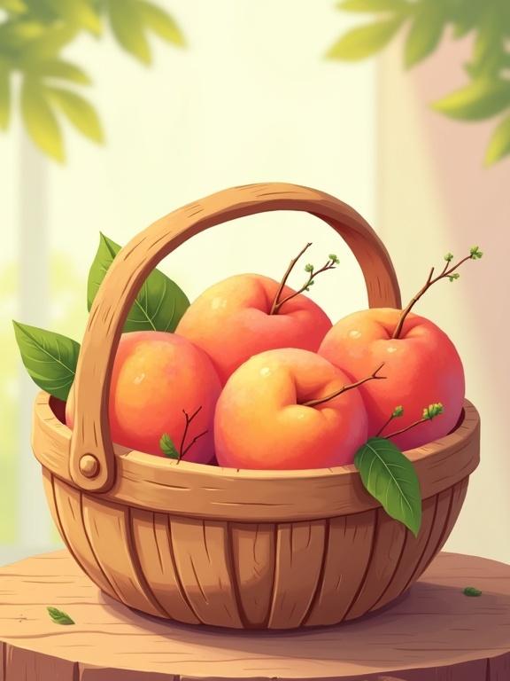 Charming colorful cartoon image of round wooden basket overflowing with ripe fuzzy peaches. Peaches have warm orange-pink gradient with blush spots and glossy highlights. Basket has rustic handwoven texture with wooden planks. Green leaves and tiny twigs around peaches. Basket on wooden table or soft pastel background with dappled sunlight. Bright cheerful colors and gentle shading for playful inviting style.