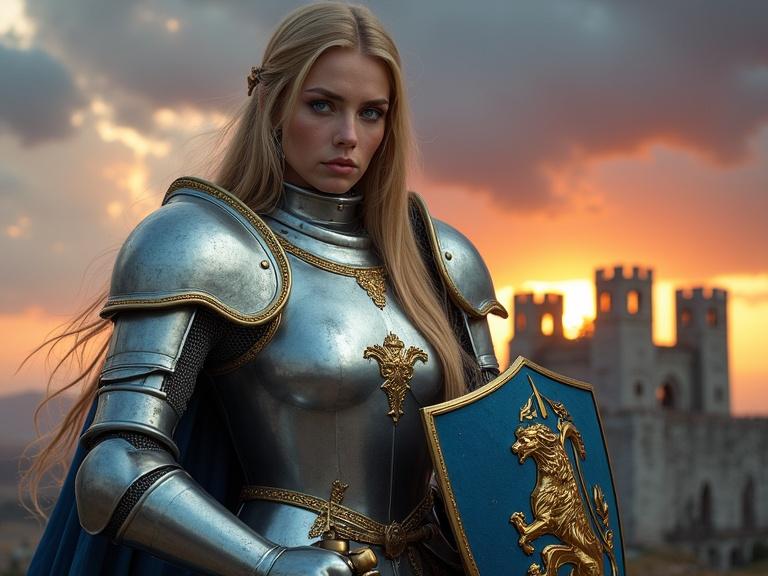 A breathtaking portrait of a powerful knight in silver armor with golden accents. Long golden hair partially covered by a helmet. Fierce blue eyes looking from helmet's visor. Dynamic pose with a shield and sword. Background features a gothic castle and dramatic stormy sky. Style blends classic fantasy and Renaissance realism. Rendered in high resolution with shallow depth of field.