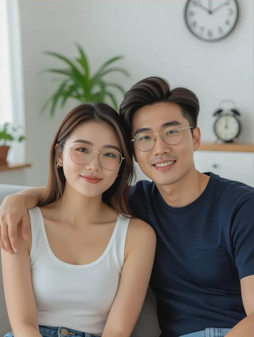 Image features a young Asian couple with the woman wearing natural makeup and a tank top. The man sports modern Korean fashion. They both appear 21 years old and are seated on a sofa in a stylish room. The woman rests her head on the man's shoulder and gazes at the camera. The background includes plants and a modern clock.
