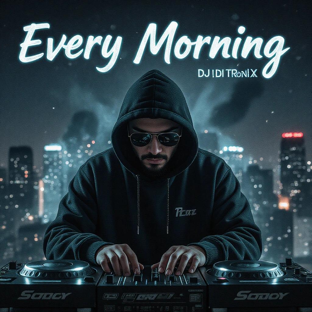 A dark artistic hip hop album cover featuring a DJ with turntables. Text in cool writing reads 'Every Morning DJ Diptronixx'.