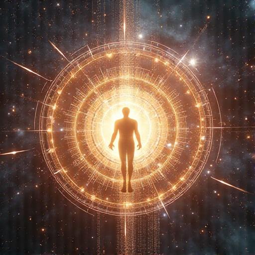 Hyper-realistic rendering of a glowing figure surrounded by a complex energy shield in deep space. The shield consists of dynamic layers emanating energy, showcasing quantum patterns and cosmic elements. The atmosphere is calming with vibrant light effects and detailed cosmic background.