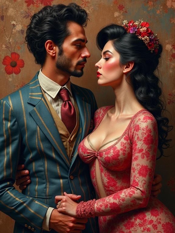 Renoir style portrait featuring a couple with intricate skin textures and clothing details. Background in warm browns and reds creating a lyrical atmosphere. The couple is posed intimately, showcasing their emotions. Elements influenced by various artistic styles including Kandinsky and Studio Ghibli. Themes of dysfunctional family dynamics with an erotic undertone.