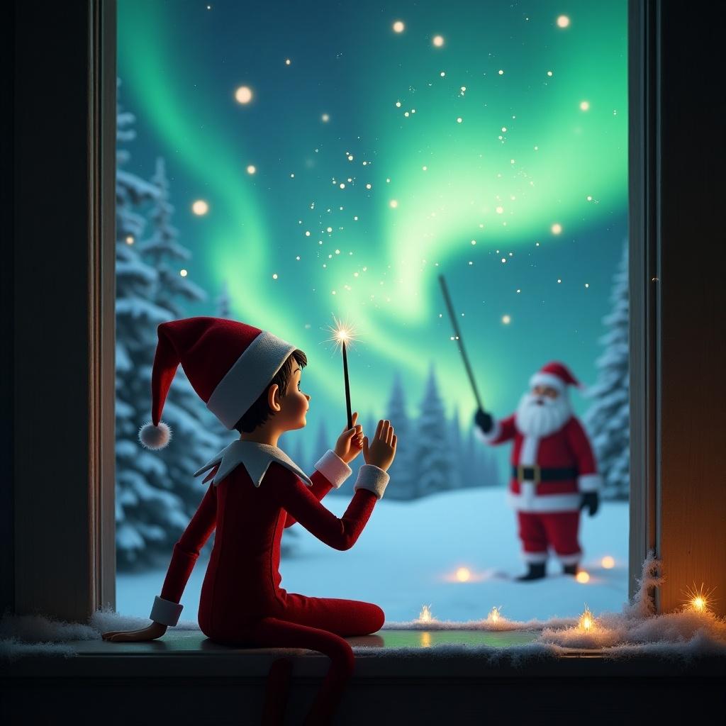 The image features an elf on the shelf, facing away from the viewer, as he uses a magical wand to write 'Oscar' in a starry sky. The setting is a beautiful winter night filled with vibrant northern lights illuminating the snowy landscape. In the background, Santa Claus is seen, adding to the enchanting holiday atmosphere. The elf is dressed in a classic red outfit with a pointed hat, and the scene is cozy and festive. Soft lights sparkle around, creating a heartwarming holiday vibe.