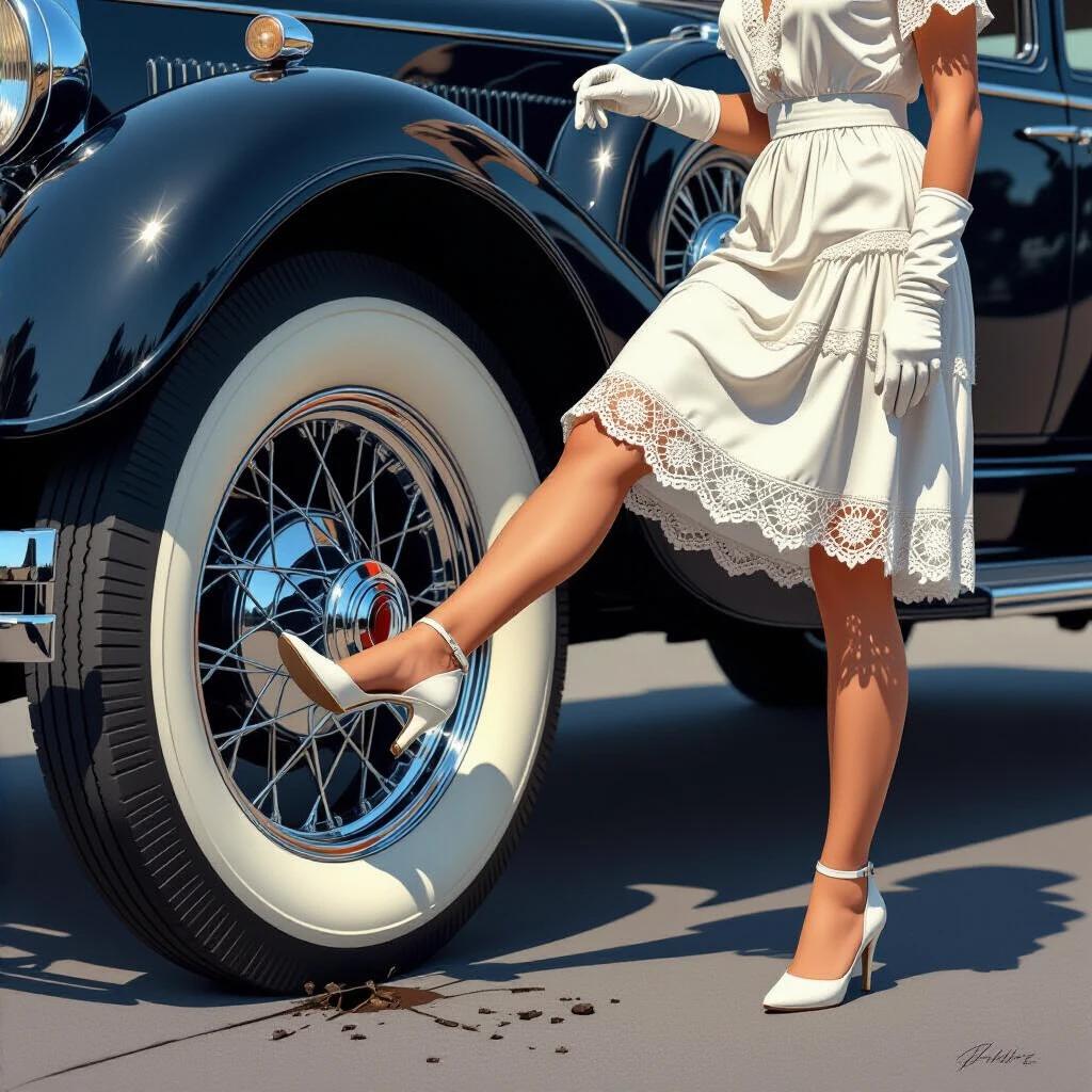A socialite stands beside a vintage 1928 car. She wears a short white lace dress with white gloves. Her right foot hits the deflated tire at the bottom sidewall. The tire is completely flat and shows a visible dent where she kicked. A tear is seen at the impact area. The Mercedes car door is wide open.