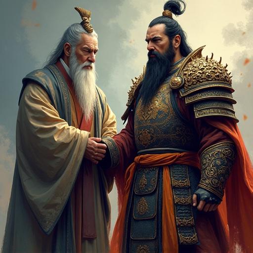 2.5D render featuring Chinese warlord in ornate armor next to an old advisor. Characters exhibit cinematic lighting. Style is semi-realistic with bold outlines and detailed textures. Scene inspired by ancient history with a dark fantasy twist.