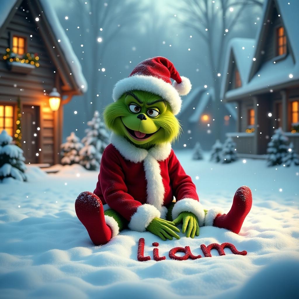 In a snowy landscape, the Grinch sits on the ground in a red and white Christmas outfit. He is happily writing the name 'Liam' in the freshly fallen snow. Delicate snowflakes are cascading around, enhancing the cheerful winter scene. His face is lit up with joy, reflecting the essence of the holiday. Cozy cottages with warm lights surround him, contributing to the magical atmosphere. This moment captures creativity and the spirit of giving, making it ideal for holiday themed projects.