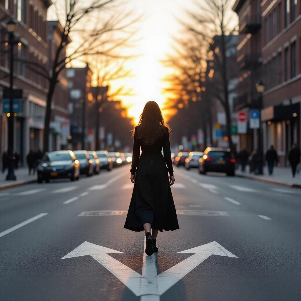 Street scene featuring a silhouette of a woman wearing a long dress walking from right to left. The background includes a lane with an arrow pointing towards the back. A sunset creates a dramatic atmosphere.