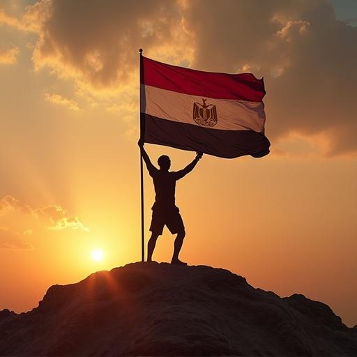 An Egyptian man stands on a rocky outcrop at sunset. He raises the Egyptian flag high above his head. The scene captures a moment of national pride and beauty in nature.