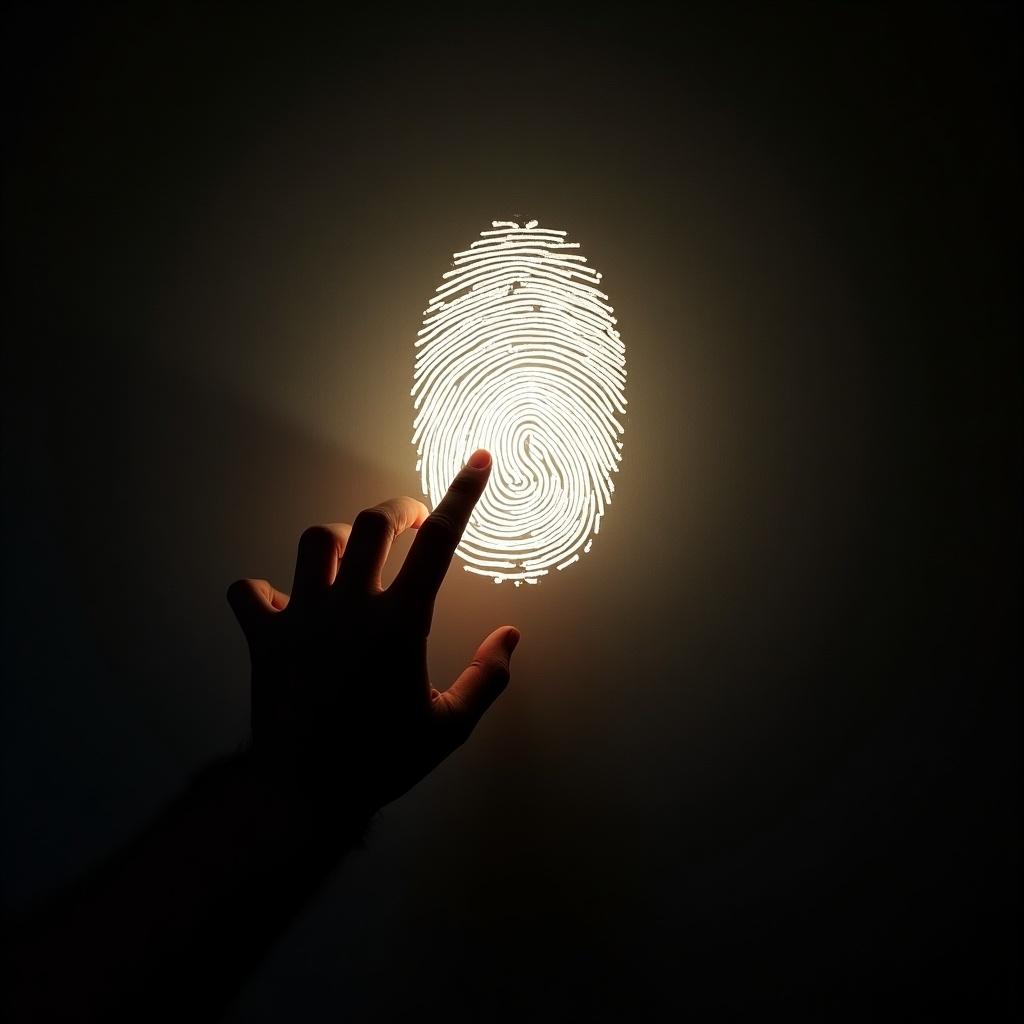 Hand reaches towards a large illuminated fingerprint on a wall.