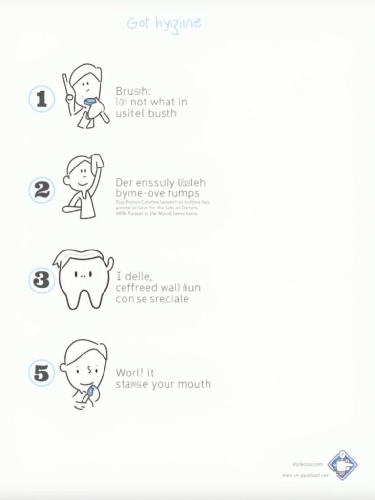 Illustration shows step-by-step dental hygiene process. Step 1 is brushing teeth. Step 2 emphasizes thorough brushing on all surfaces. Final step suggests rinsing mouth. Clear graphics support understanding.