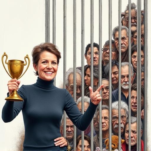 Political illustration showing a minister celebrating with a trophy. Behind the bars of a graph are families with sad faces. Scene reflects a social critique. The minister wears an elegant turtleneck. A child holds a stuffed animal. The atmosphere highlights the contrast between success and suffering.
