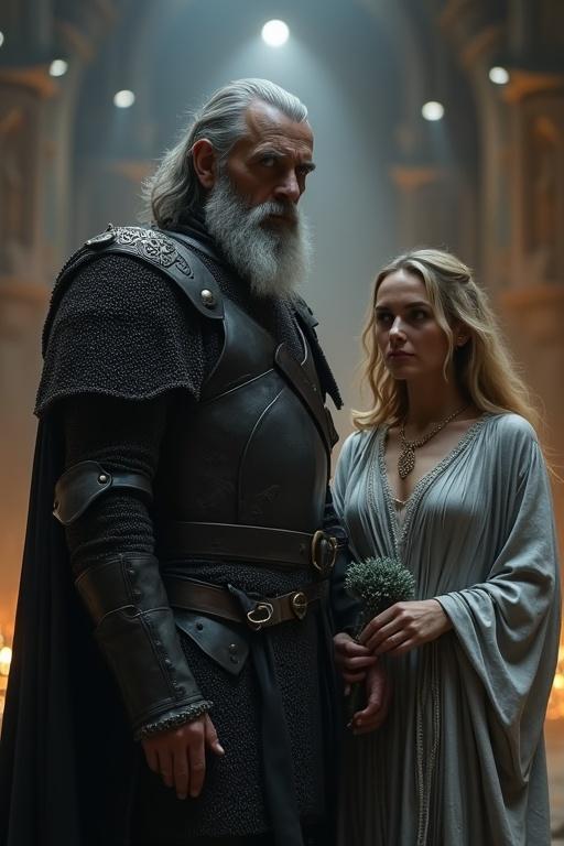 Tall man in dark armor with determined face. Next to him a woman in silver robes holding energy. They stand in a grand hall.