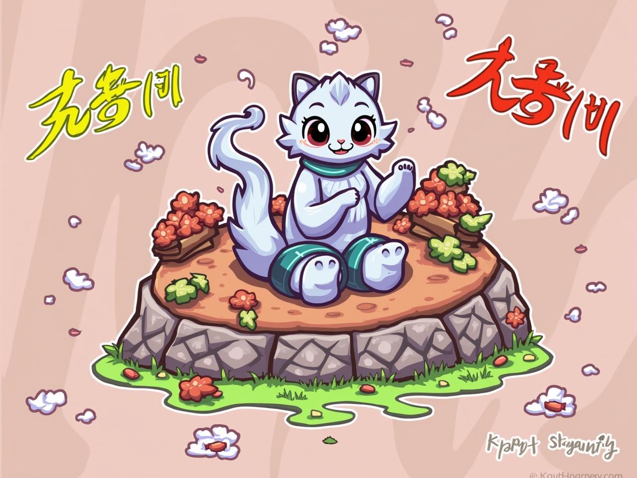 The illustration features an adorable, stylized feline character seated joyfully on a flower-adorned island. Surrounding the character are pastel-colored flowers creating a serene setting. The character is depicted with a sweet expression, inviting a sense of calm and friendliness. This vibrant scene can appeal to both kids and adults. The overall composition portrays a whimsical atmosphere perfect for showcasing cute characters in art and merchandise.