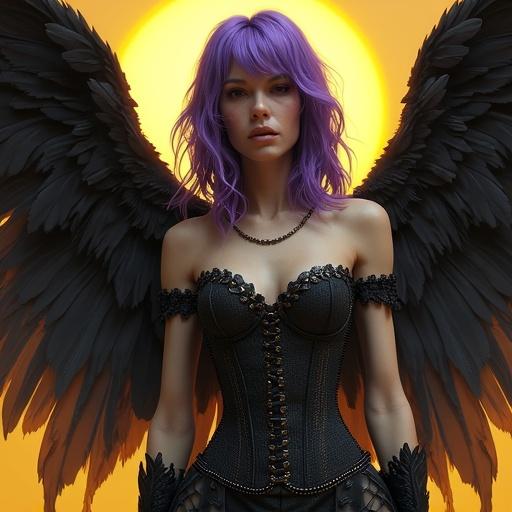 A woman with purple hair wearing a corset and wings. Inspired by gothic art and surreal themes. Dark sun in the background. Skulls at hips and feathers included. Wide-angle shot portrays her as a sun goddess.