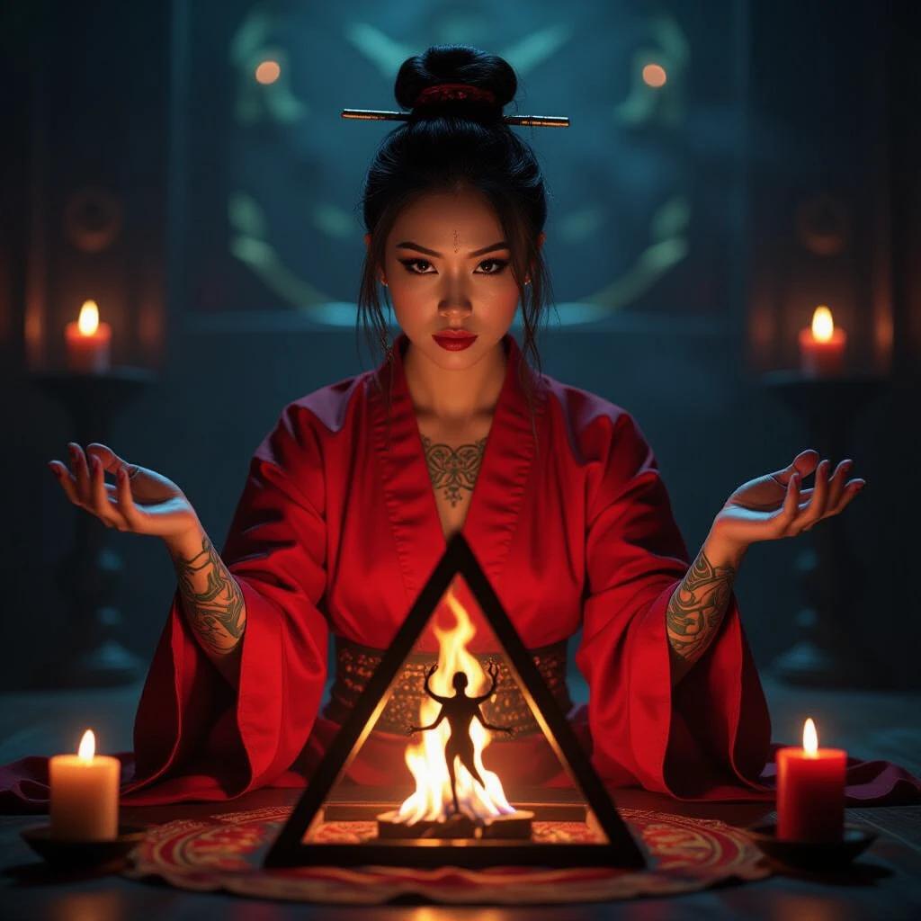An Asian woman with green tattoos on her arms is wearing red robes. She is summoning a demon inside a triangle. The room is dark and lit by candles.