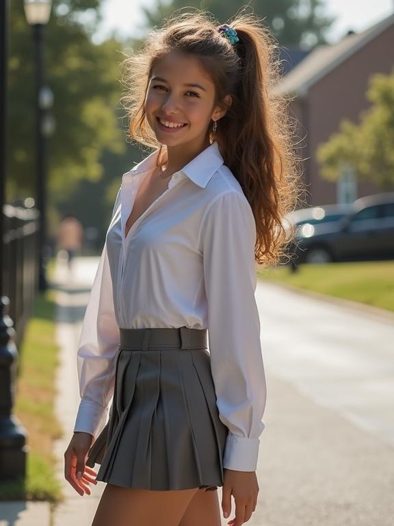 A smiling teen with long wavy chestnut hair in a loose ponytail and colorful scrunchie. She wears a crisp white blouse and a pleated skirt. The background is a street scene with warm sunlight. Image has a soft and nostalgic feel.