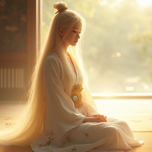 A semi-realistic full-body portrait of an ethereal young woman around 18. She embodies divine light and ancient Japanese grace. Sitting gracefully in the traditional seiza posture. Calm and dignified expression. Flowing pale golden hair glows softly. Elegant ceremonial robes in white and gold with faint crimson. Patterns inspired by sacred mirrors. Adorned with wildflowers and dewdrops. Sitting barefoot on a tatami mat. Surrounded by a misty sunlit setting. Gentle halo of golden light. Serene and mystical atmosphere.