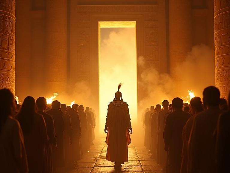 Wide IMAX shot capturing a temple scene. Open door with smoke and golden light. Osiris steps forward donned in a golden battle robe and feathered Atef crown. Glowing skin. Crowd gazes in awe. Flickering torches illuminate hieroglyphs on columns. Represents divine presence with cinematic realism.