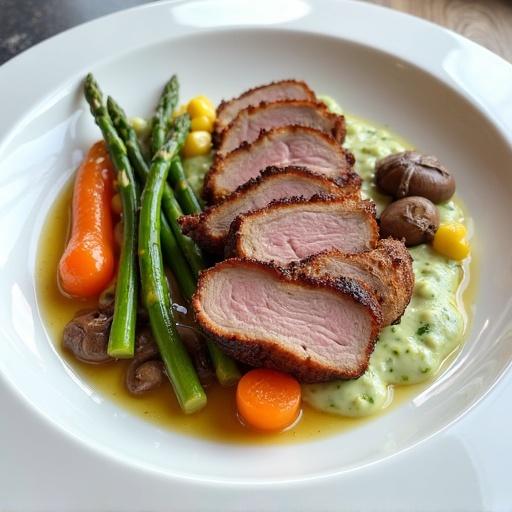 Thin slices of duck meat arranged elegantly. Accompanied by caramelized baby carrots, baby corn, asparagus and porcini mushroom sauce. Served with cucumber puree.