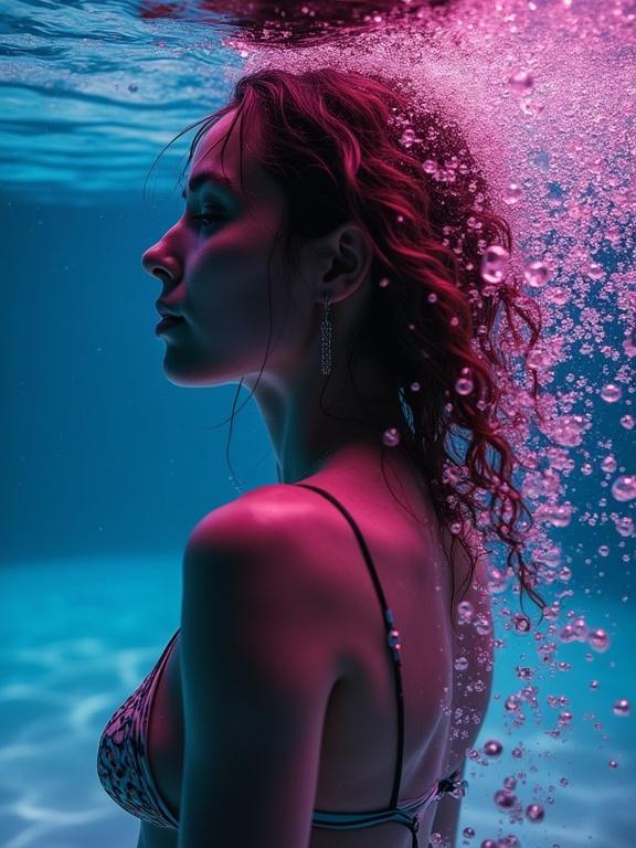 Underwater photograph of a woman in a bikini surrounded by bubbles. The subject's profile is illuminated by pink and blue light. Skin and hair blend with the water. The scene captures a dreamlike quality with droplets reflecting light.