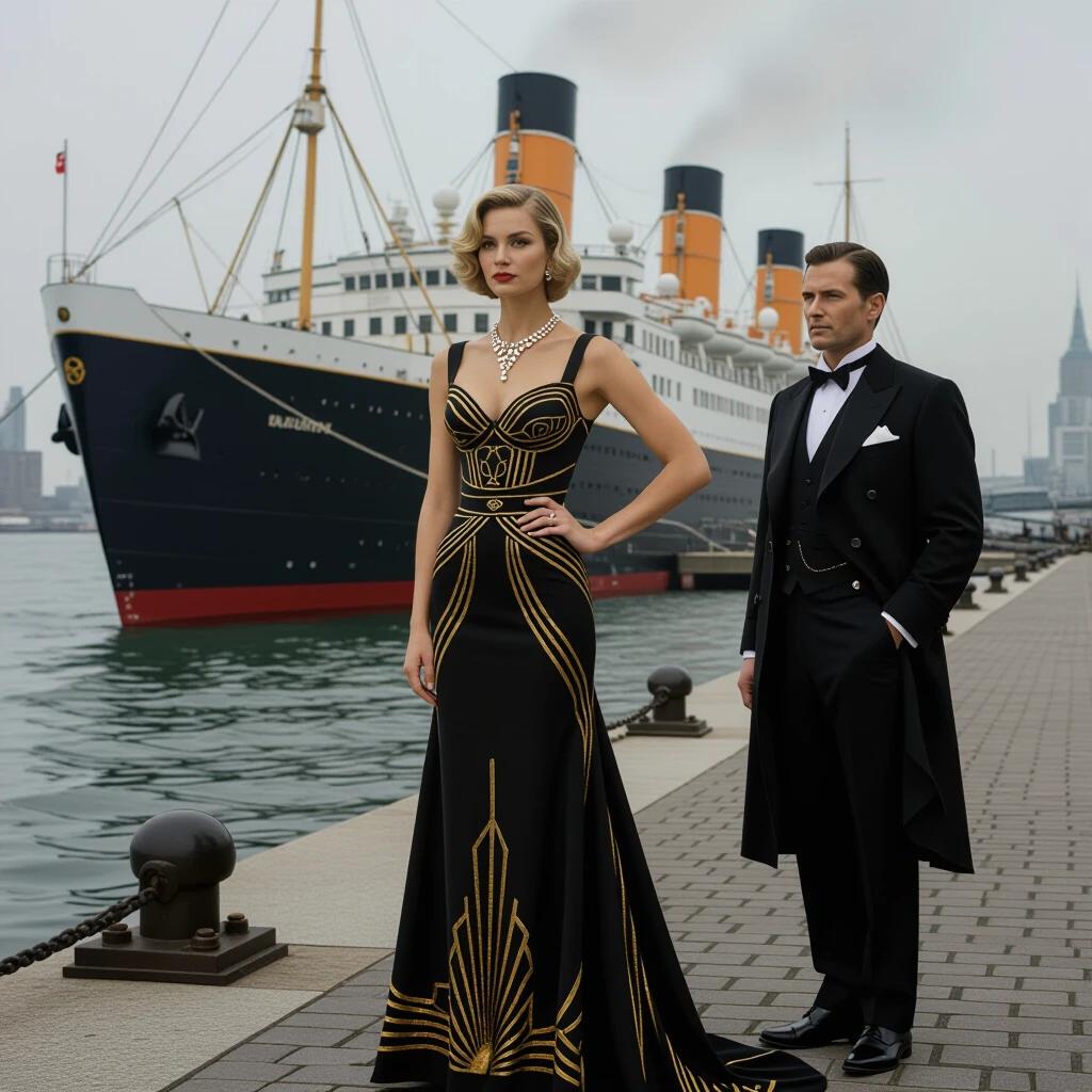 Night scene on the upper deck of SS Normandie featuring a couple in elegant attire. The woman wears a black satin dress with gold geometric accents and a Lalique necklace. The man is in a classic tuxedo. The setting includes Art Deco dining decor and architectural elements.