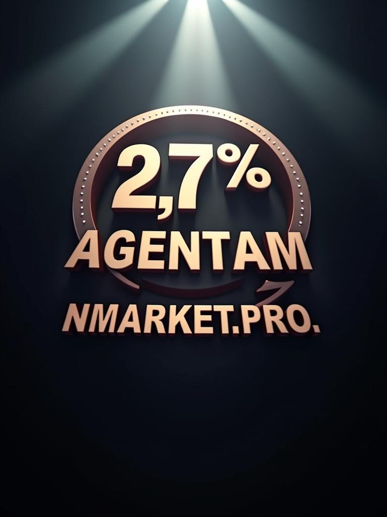 The image features a creative logo styled like a famous film company. The text shows '2,7% AGENTAM NMARKET.PRO'. The background is dramatic with bright light beams. The logo suggests a connection to film or media production.