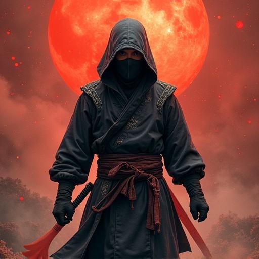 Ninja character in a dramatic setting with a large red moon in the background. The figure wears traditional attire and has a hood covering the face. Outsized, surreal environment evokes a sense of mystery.