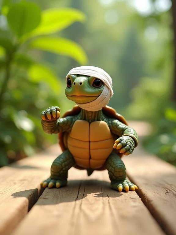 Low-angle close-up of small land turtle in bandages. Turtle stands on hind legs on wooden boardwalk. Turtle displays a determined and cute fighting stance. Background features blurred green foliage. Bright sunny setting in playful Pixar style.