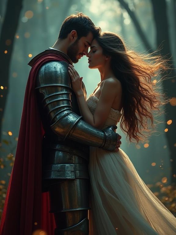 A muscular medieval knight in gleaming armor holds a beautiful damsel protectively. He stands in a dark forest with magical orbs. The damsel looks annoyed by his possessiveness. Her hair flows around them dramatically. Rich cinematic colors create an enchanting atmosphere.