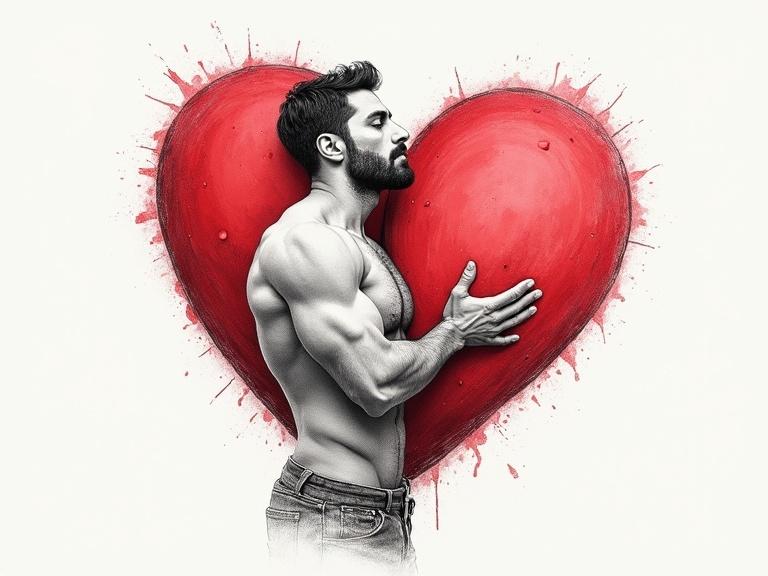 A muscular man holding his chest, with a large broken heart illustrated in the background. The image conveys strength and vulnerability.