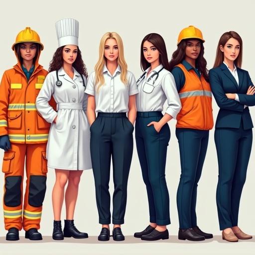 Lineup of seven women standing side by side. Each wearing a different professional uniform. From left to right: firefighter in full gear, doctor in white coat with stethoscope, chef in white uniform with tall hat, pilot in navy-blue suit with sunglasses, engineer in orange safety vest and helmet, police officer in full uniform, businesswoman in sleek suit. Each woman has unique ethnicity and facial features, representing diversity. Neutral background. Full body. Realistic style.
