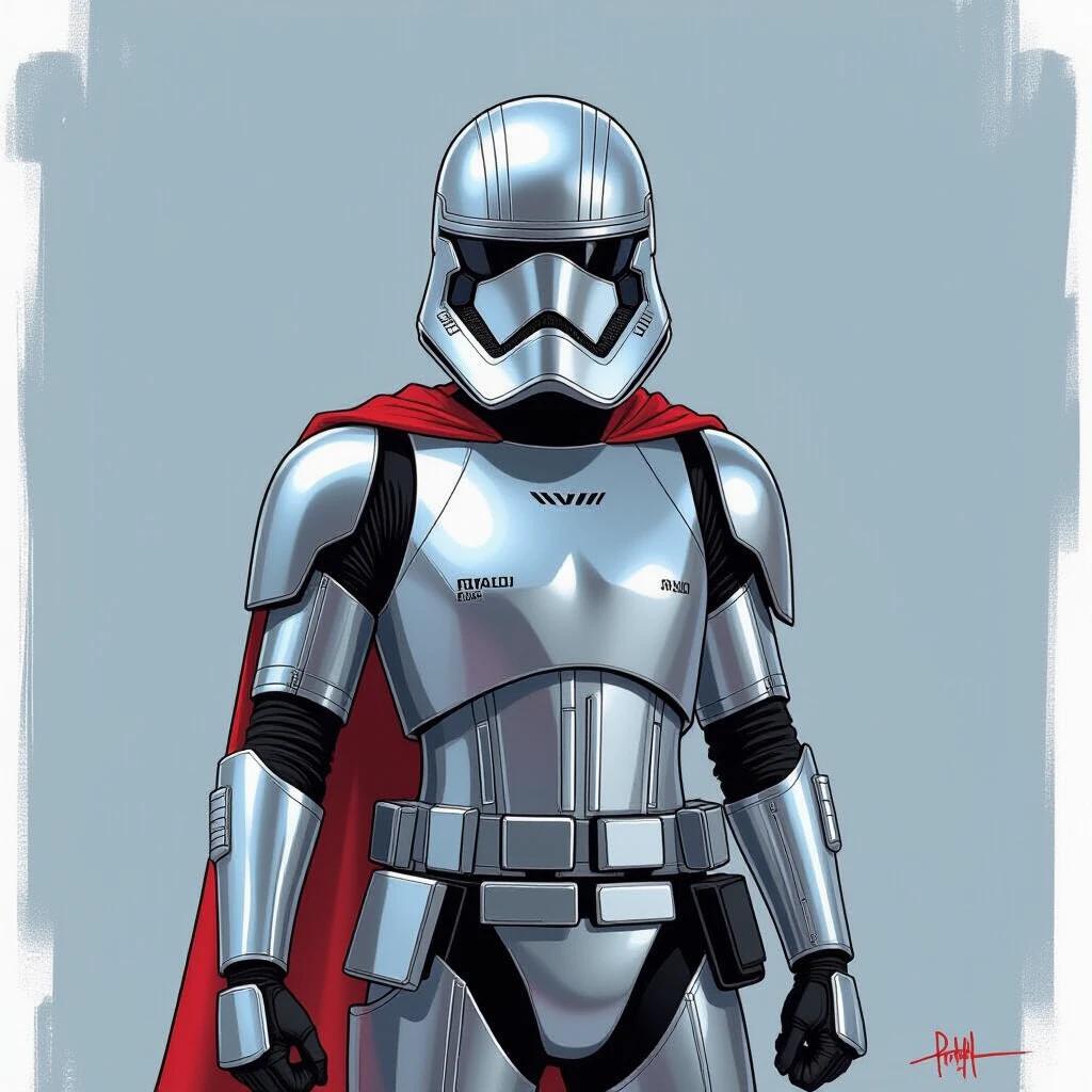 Illustration of a character wearing shiny armor and a cape. Character is confident and strong in appearance. Background is minimalistic. Focus on the armor details.