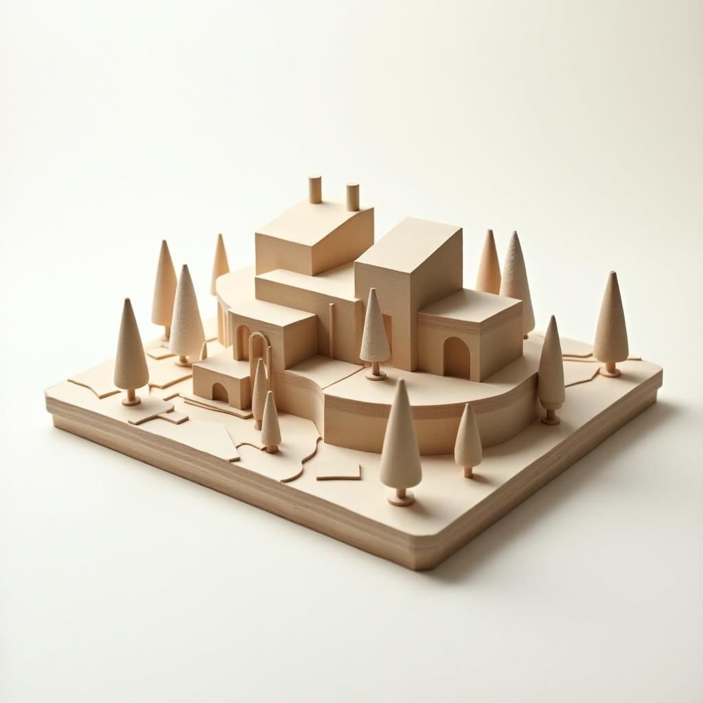 This image features an enticing architectural model composed of various building sizes. It is set on a light wooden base surrounded by stylized trees. The structures display smooth contours and a minimalistic aesthetic. The overall look is clean and inviting, emphasizing the architectural design. The lighting is soft, highlighting the model's details and contours.