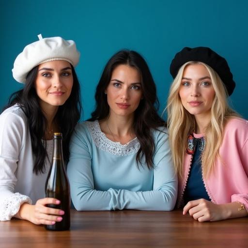 Three women sitting at a table against a blue background. Left woman has black hair and a white beret. Center woman has blonde hair and a blue T-shirt. Right woman has blonde hair and a black beret. All women smiling and looking at the viewer, holding drinks.