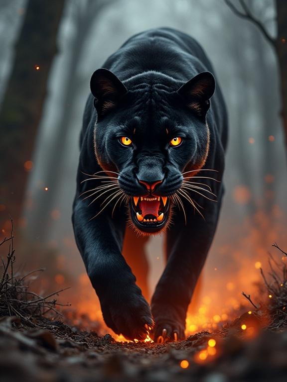 A panther with a half burnt face and visible flesh shows scars and wounds. The panther walks towards the camera with a backdrop of a burning forest. Intense eyes and striking spots characterize its ferocious demeanor. The scene is dark and eerie, capturing the panther in a predatory stance.