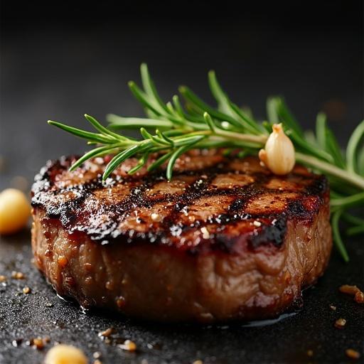 Close-up view of grilled steak placed on a subtle dark background. Rosemary sprig and garlic clove accent the presentation. The texture of the meat is emphasized with appealing grill marks.